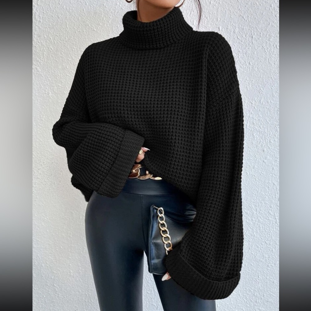 Turtleneck Drop Shoulder Waffle Knit Sweater